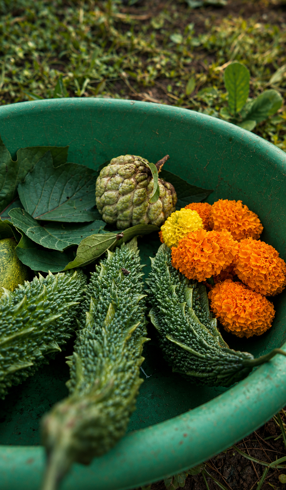 A basket of freshly harvested vegetables